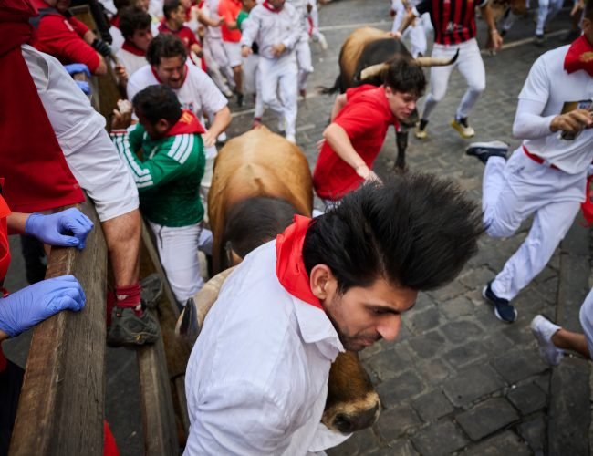 Un herido por cornada y ocho por contusiones en un rápido sexto encierro de la Palmosilla en San Fermín